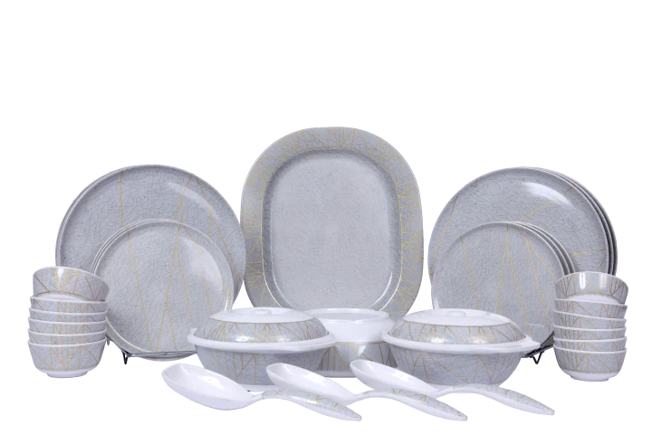 Stehlen Donna Glossy Dinnerware, Melamine, 33 Piece- Gray Crackle