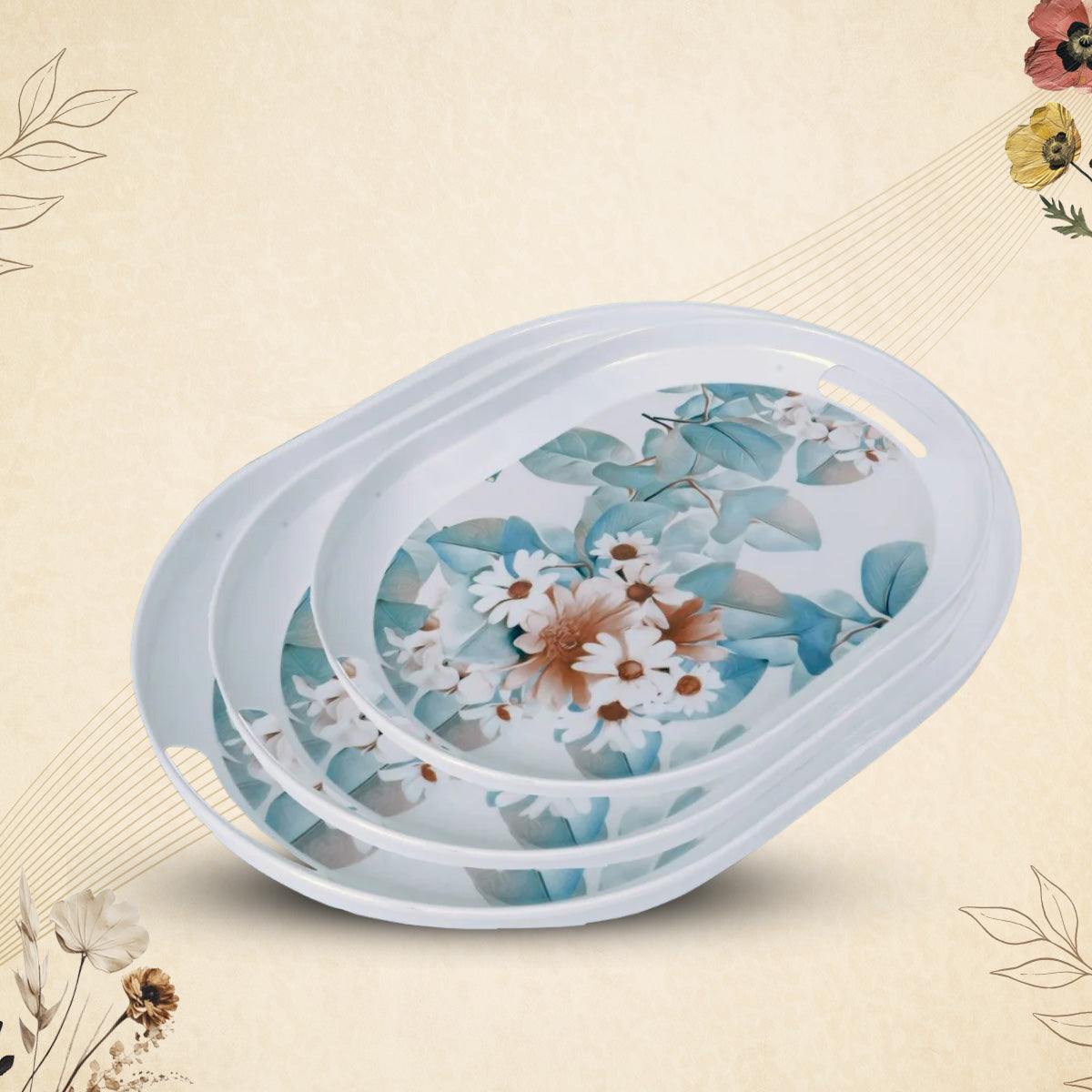 Stehlen 100% Pure melamine Slant Tray, Dishwasher safe, Heat resistant upto 140 degrees, Break resistant, FDA Approved, Elegant, Durable, and Versatile for Every Occasion - Daisy Set of 3