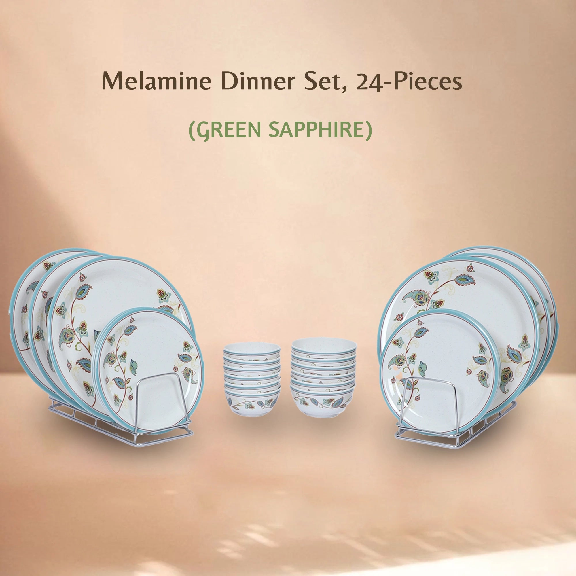 Stehlen Indian Round Dinnerware, Pure melamine, 24 PC Kitchen Set for home- GREEN SAPPHIRE