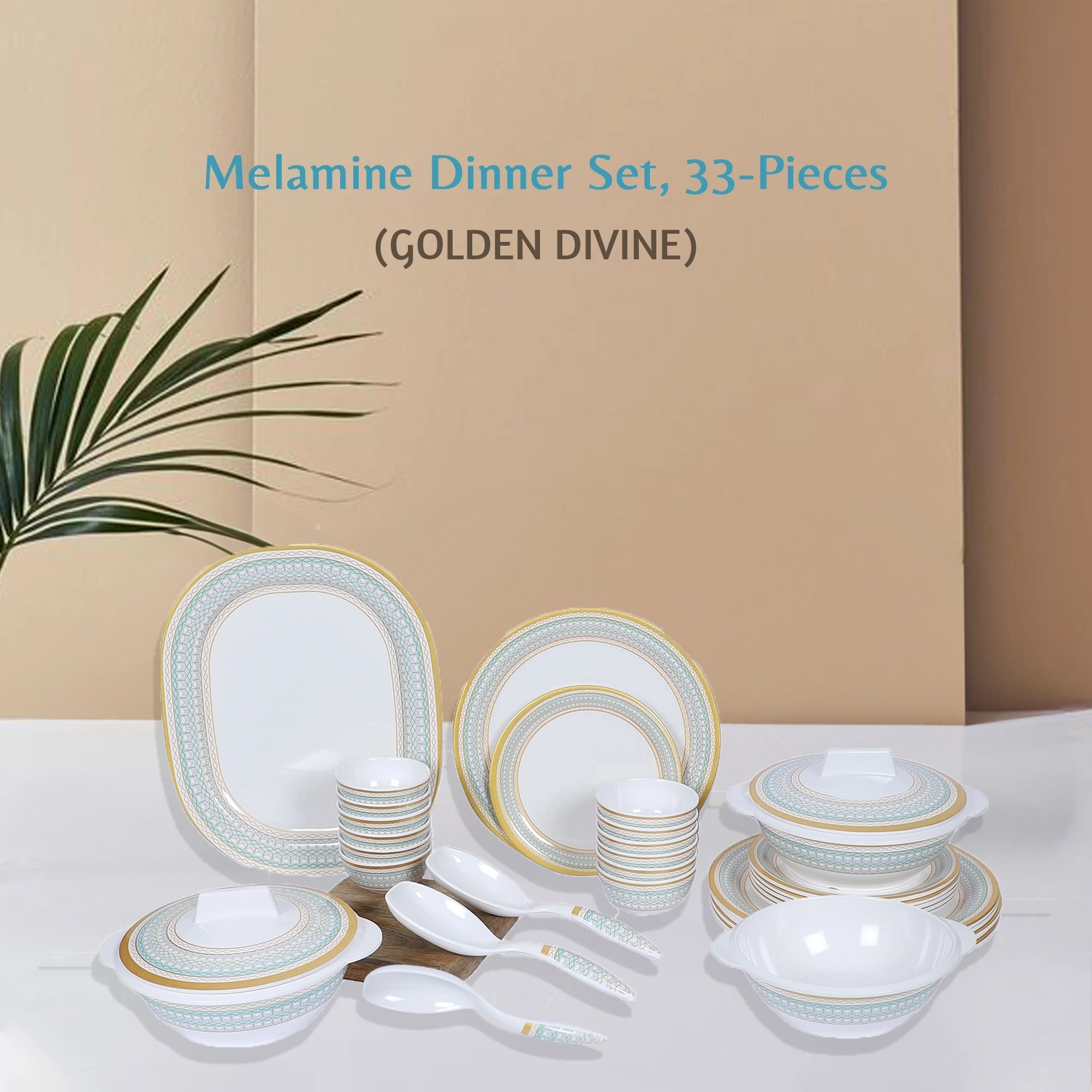 Stehlen Indian Round Dinnerware, Pure melamine, 33 PC Kitchen Set for home- GOLDEN DIVINE