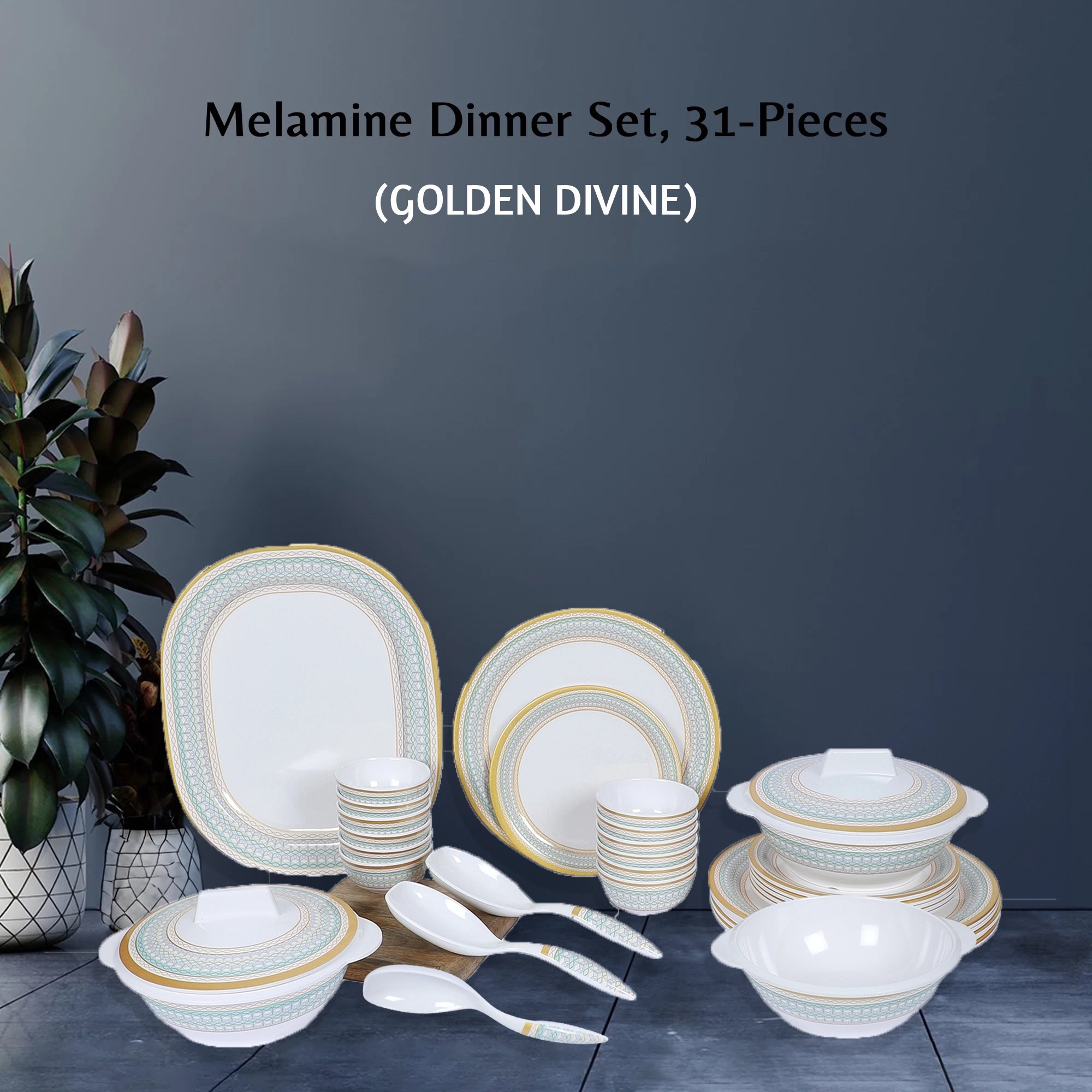 Stehlen Indian Round Dinnerware, Pure melamine, 31 PC Kitchen Set for home- GOLDEN DIVINE