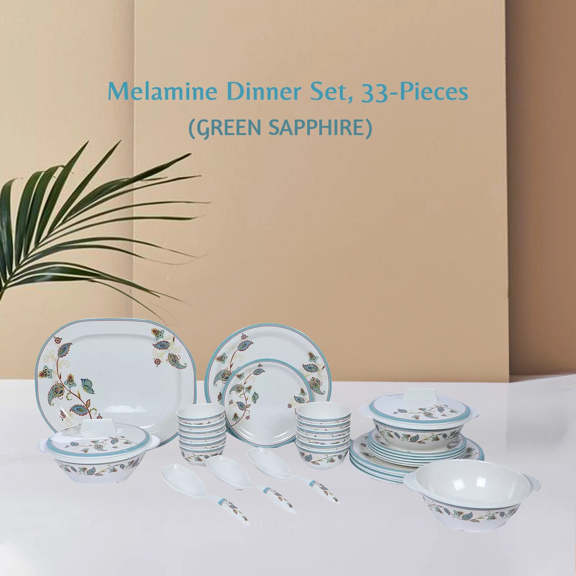 Stehlen Indian Round Dinnerware, Pure melamine, 33 PC Kitchen Set for home- GREEN SAPPHIRE