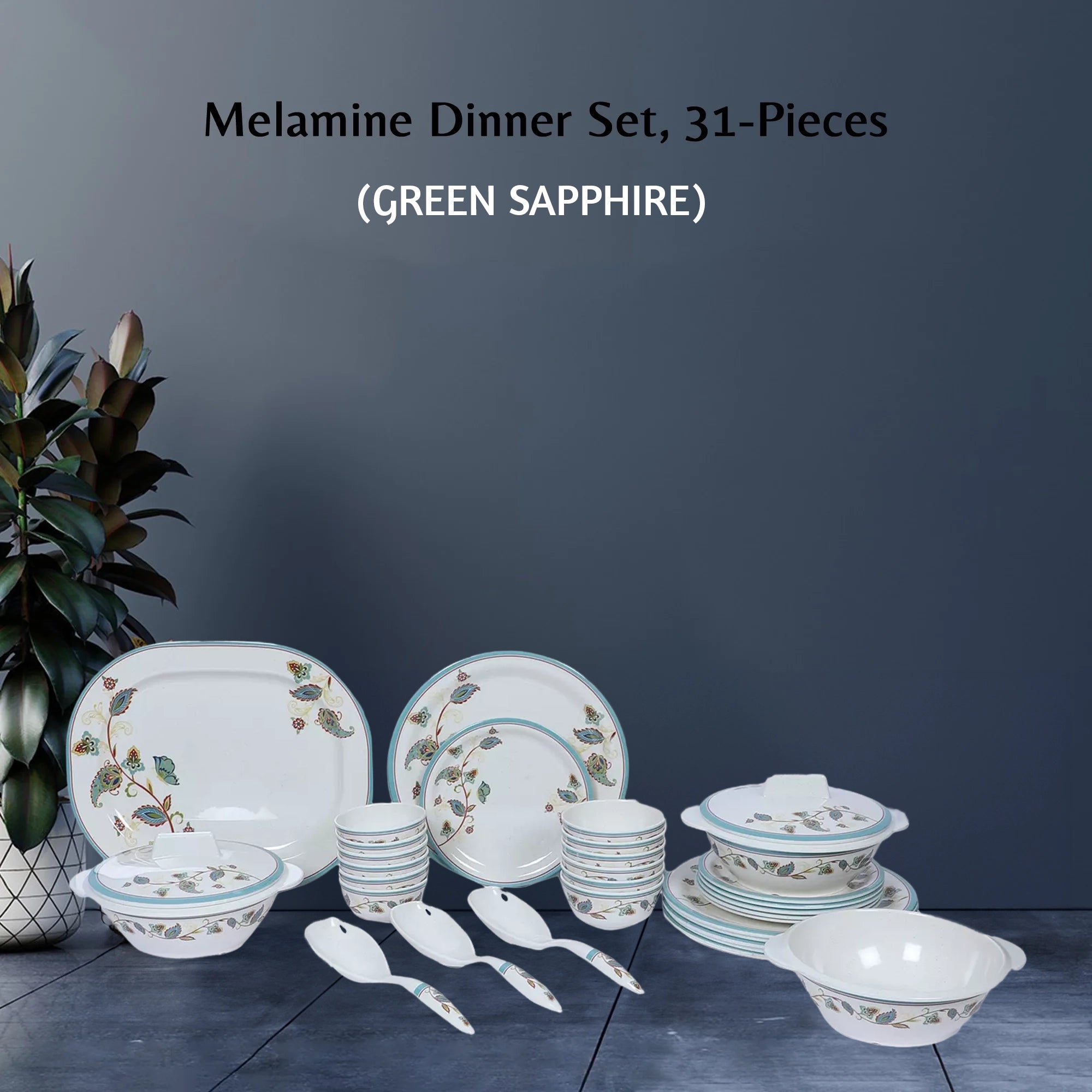 Stehlen Indian Round Dinnerware, Pure melamine, 31 PC Kitchen Set for home- GREEN SAPPHIRE