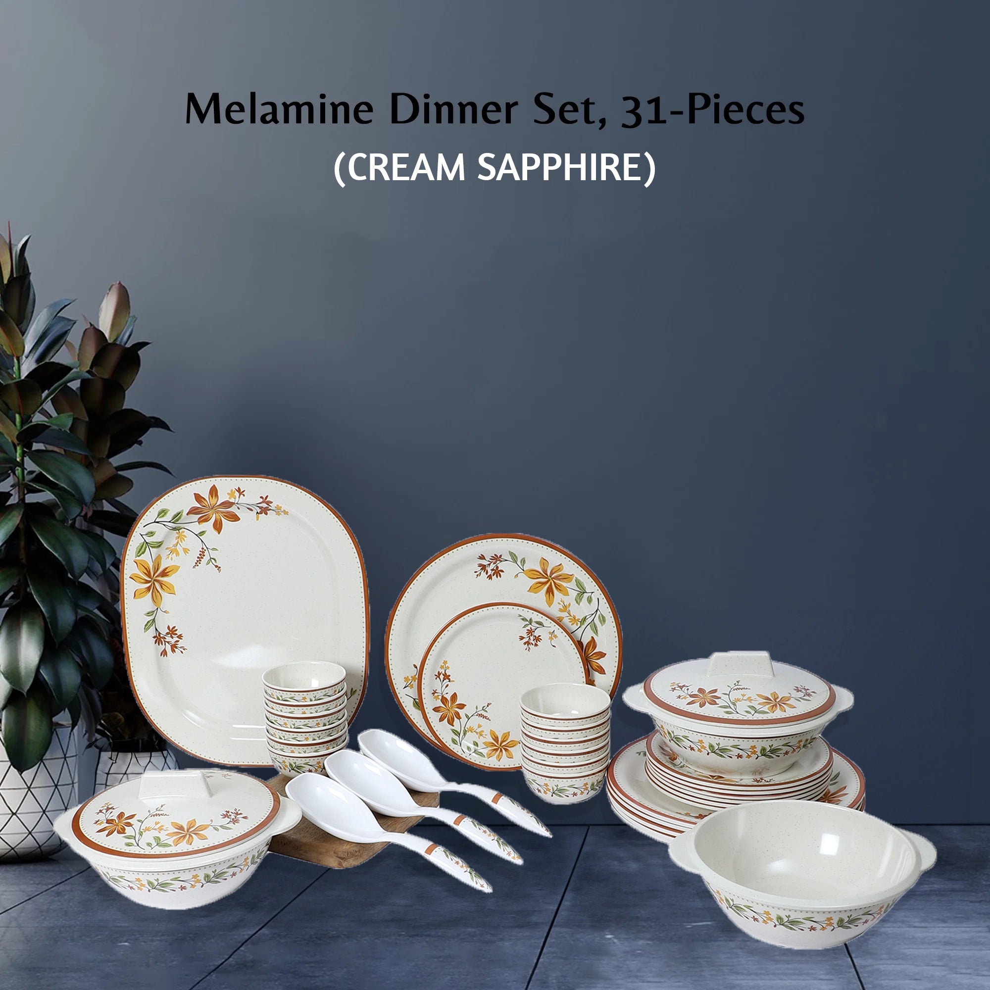Stehlen Indian Round Dinnerware, Pure melamine, 31 PC Kitchen Set for home- CREAM SAPPHIRE