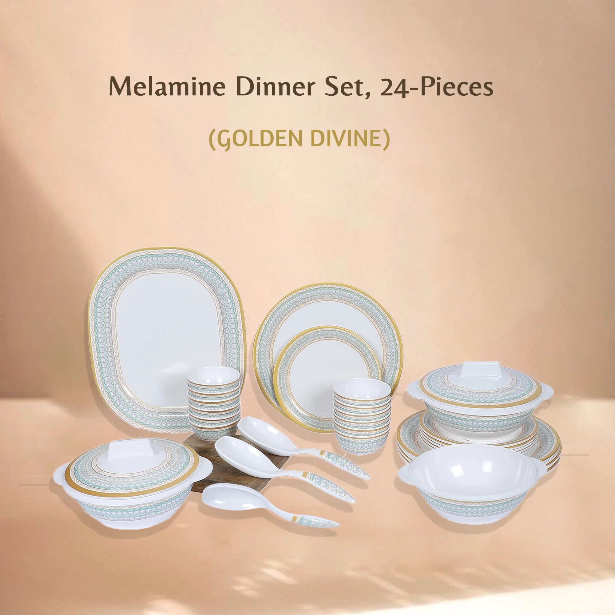 Stehlen Indian Round Dinnerware, Pure melamine, 24 PC Kitchen Set for home- GOLDEN DIVINE