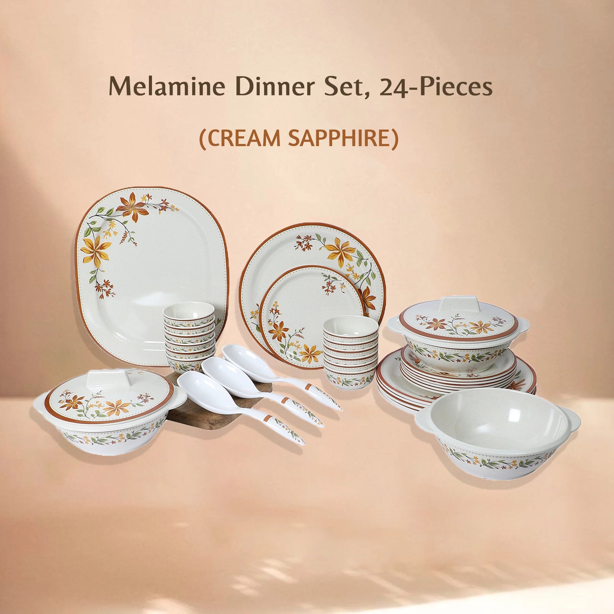 Stehlen Indian Round Dinnerware, Pure melamine, 24 PC Kitchen Set for home- CREAM SAPPHIRE