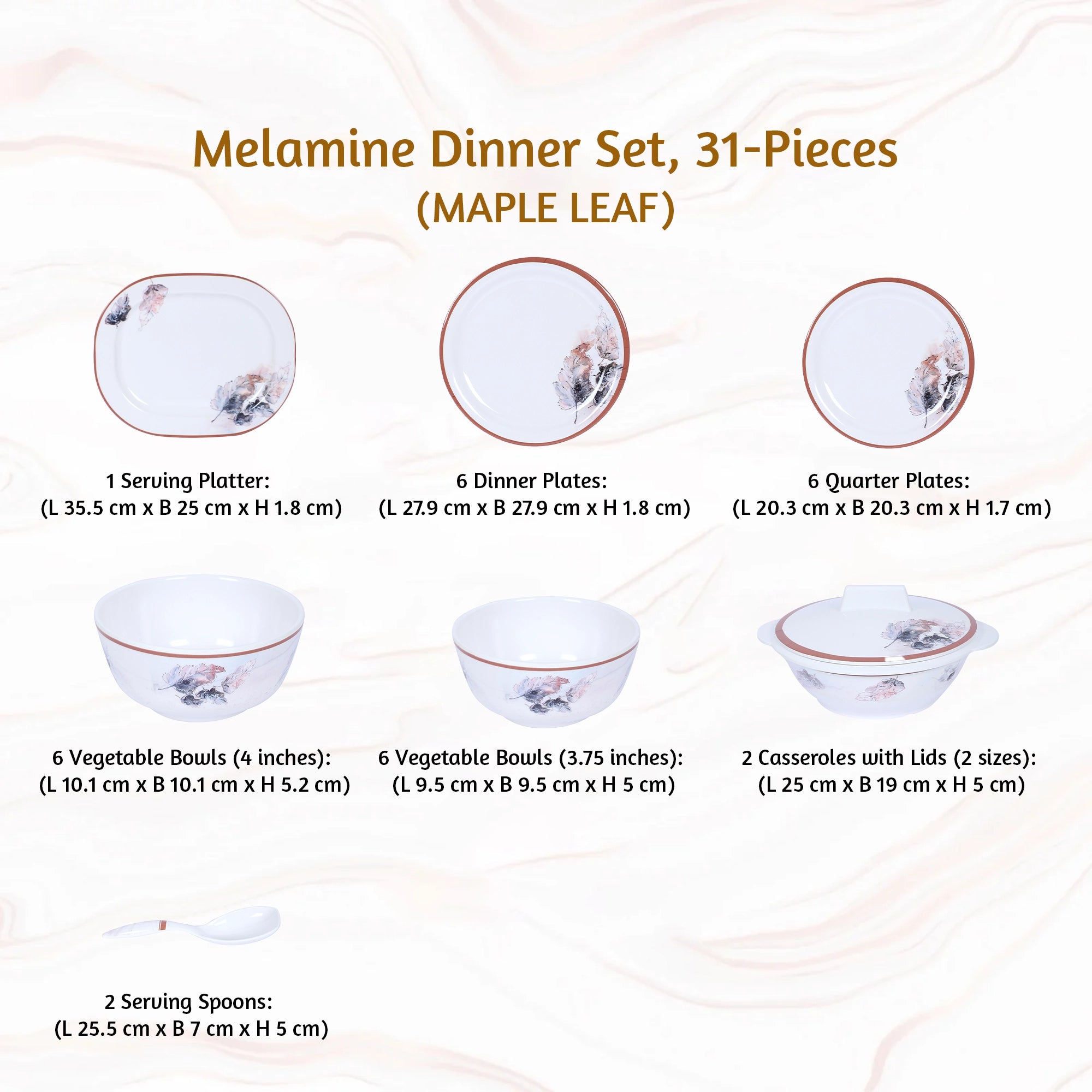Stehlen Indian Round Dinnerware, Pure melamine, 31 PC Kitchen Set for home- MAPLE LEAF