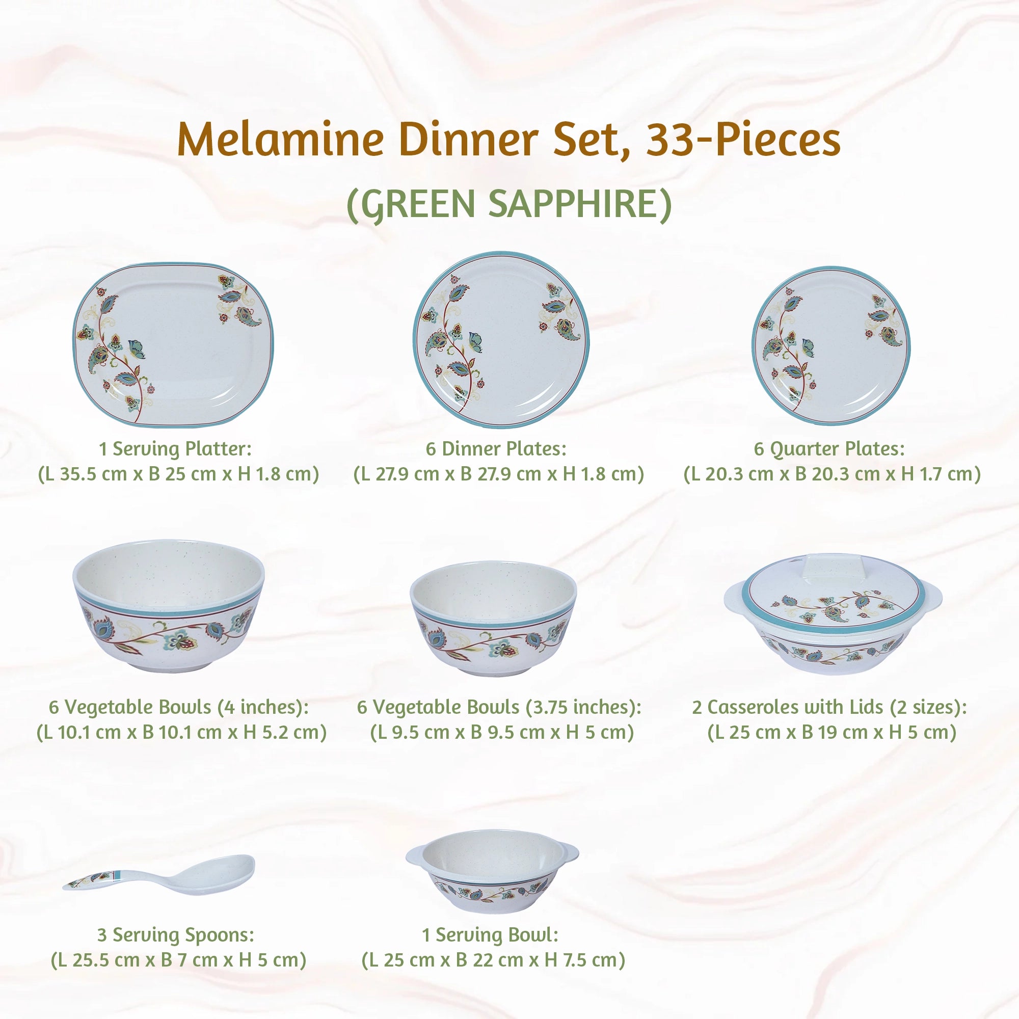 Stehlen Indian Round Dinnerware, Pure melamine, 33 PC Kitchen Set for home- GREEN SAPPHIRE