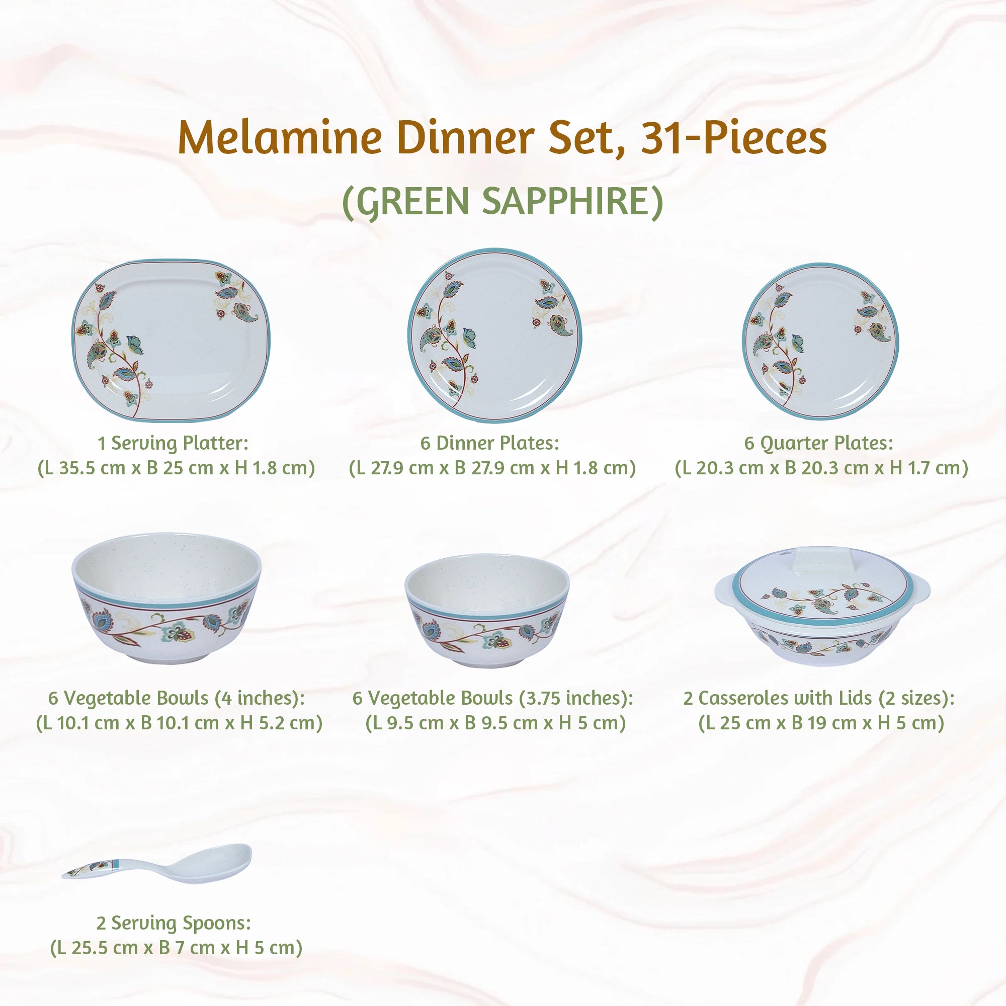 Stehlen Indian Round Dinnerware, Pure melamine, 31 PC Kitchen Set for home- GREEN SAPPHIRE