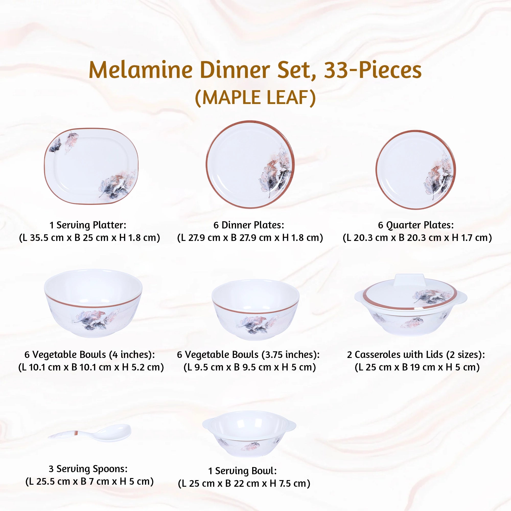 Stehlen Indian Round Dinnerware, Pure melamine, 33 PC Kitchen Set for home- MAPLE LEAF