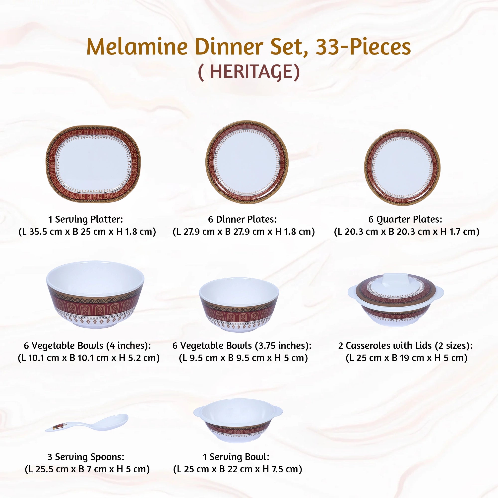 Stehlen Indian Round Dinnerware, Pure melamine, 33 PC Kitchen Set for home- HERITAGE