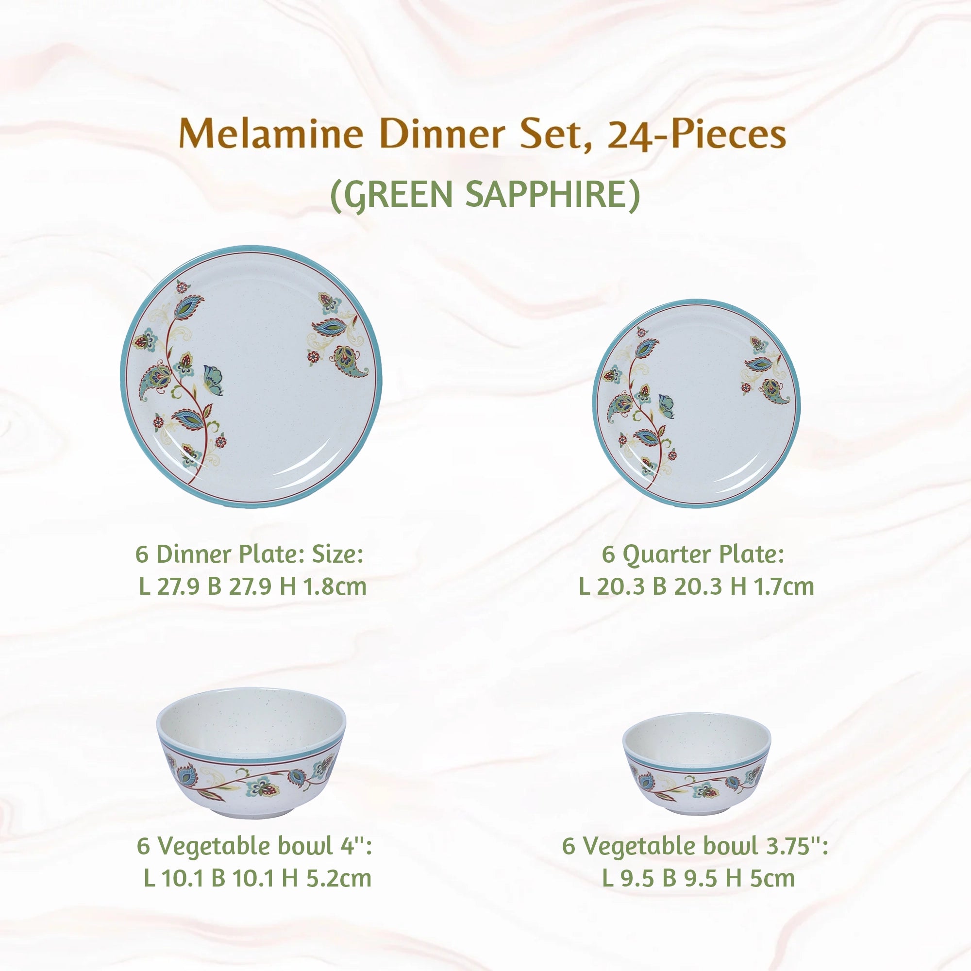 Stehlen Indian Round Dinnerware, Pure melamine, 24 PC Kitchen Set for home- GREEN SAPPHIRE