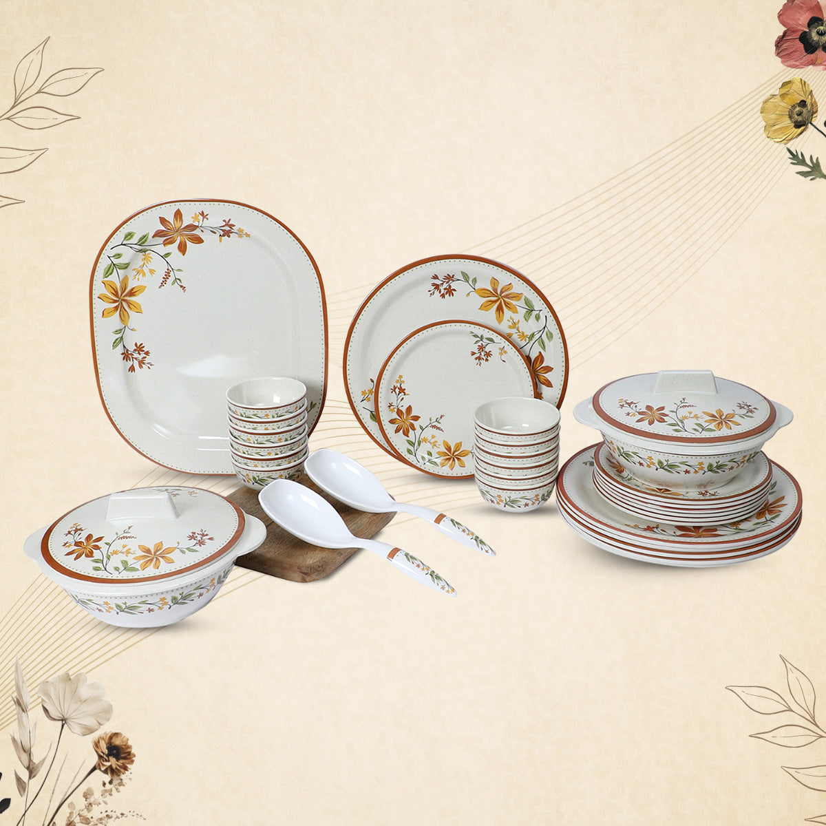 Stehlen Indian Round Dinnerware, Pure melamine, 24 PC Kitchen Set for home- CREAM SAPPHIRE