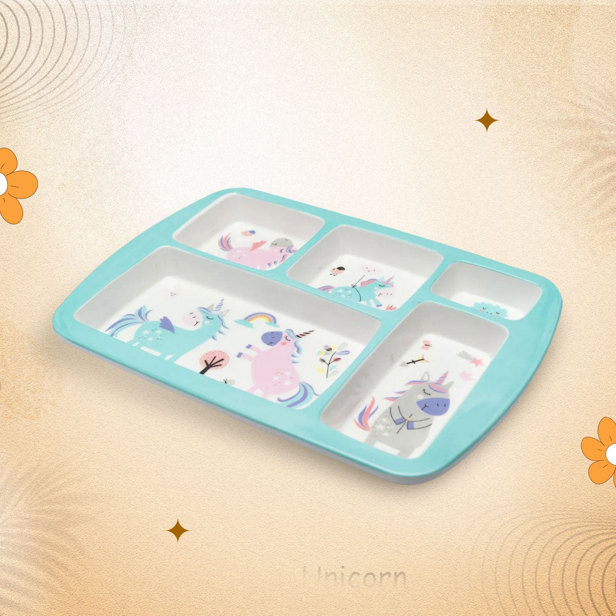 Kids 5-Partition Dinner Plate- Blue Unicorn