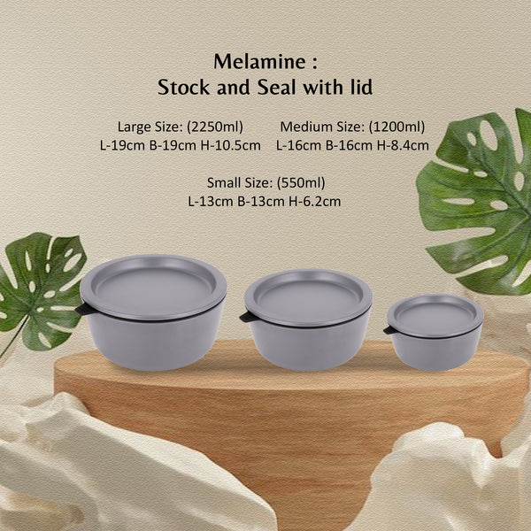Stehlen 100% Pure melamine Set Of 3 Stock and Seal, Dishwasher safe, FDA Approved, Heat resistant upto 140 degrees, Elegant, Durable, and Versatile for Every Occasion -Gray