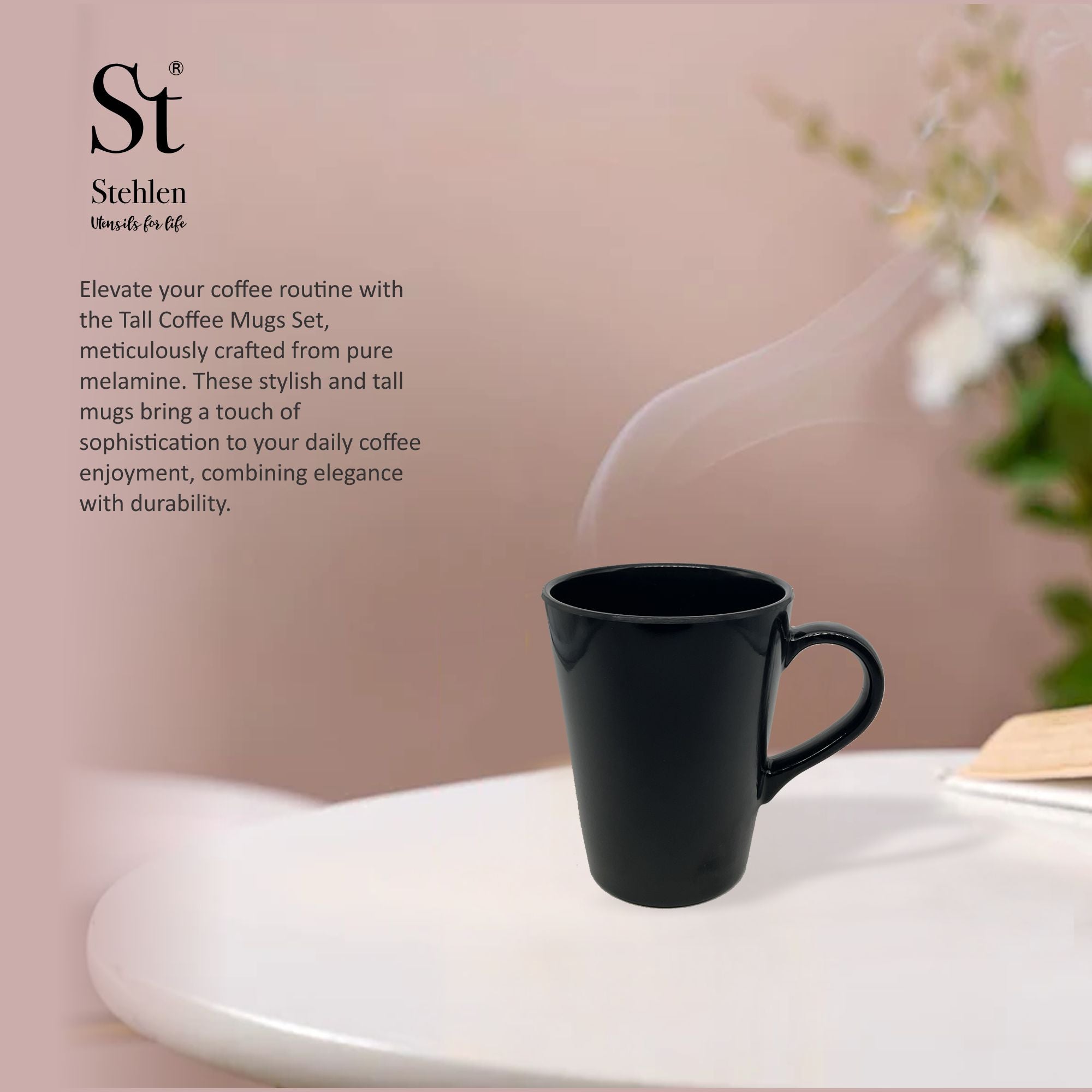 Stehlen 100% Pure melamine Tall Coffee Mugs- Black