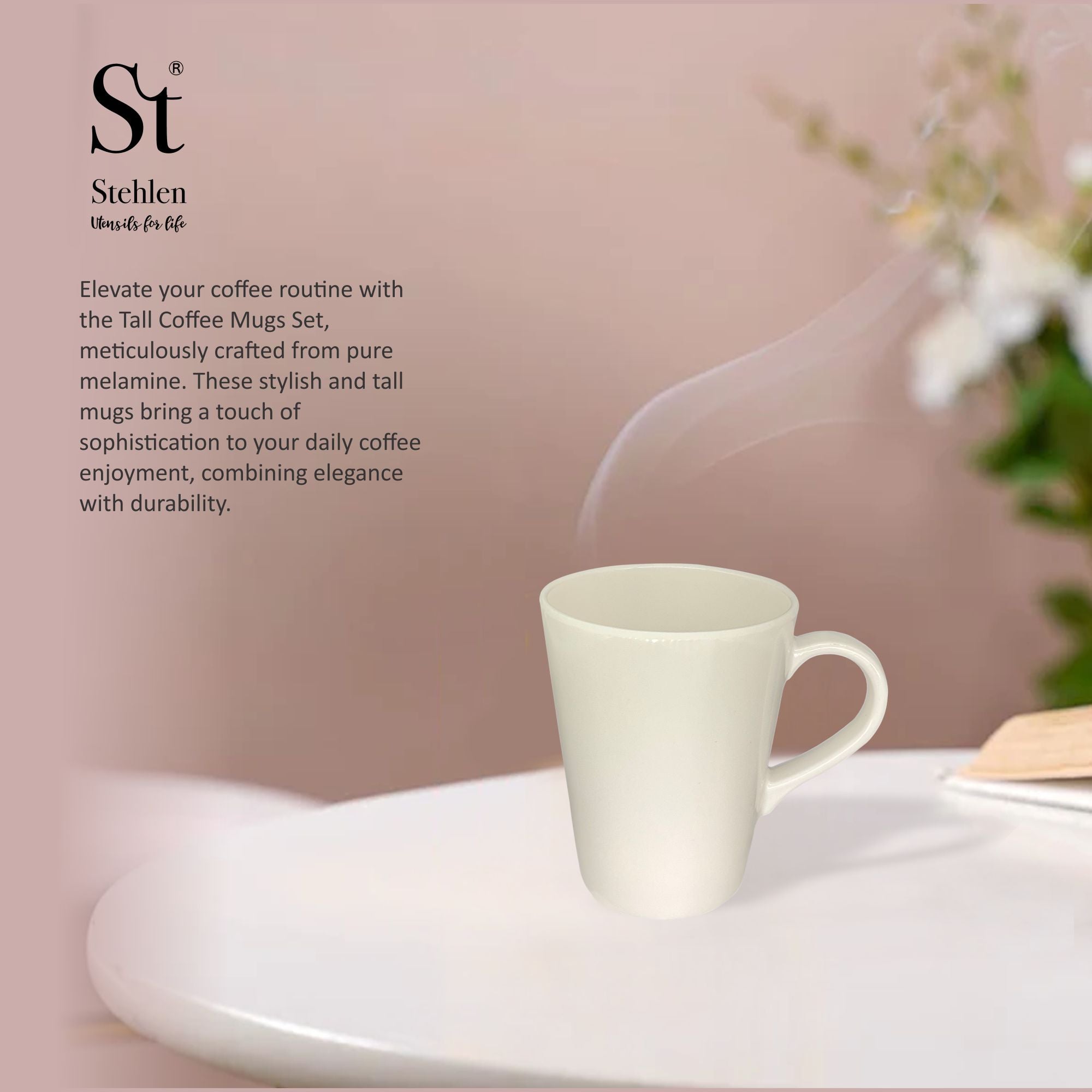 Stehlen 100% Pure melamine Tall Coffee Mugs- White