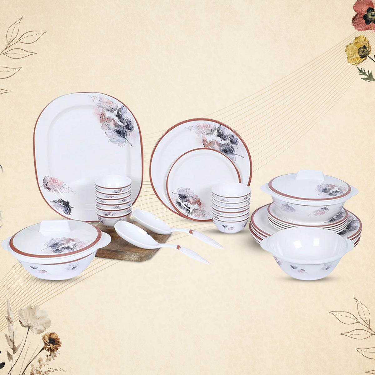 Stehlen Indian Round Dinnerware, Pure melamine, 33 PC Kitchen Set for home- MAPLE LEAF