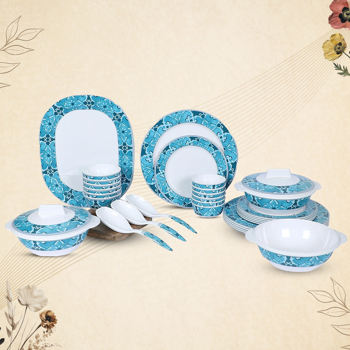 Stehlen Dinnerware, Pure melamine, Vintage, 24 Piece Kitchen Set for home-  MYST BLUE