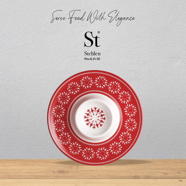 Stehlen 100% Pure melamine Chip n Dip Tray, Dishwasher safe, Heat resistant upto 140 degrees, Break resistant, FDA Approved, Elegant, Durable, and Versatile for Every Occasion - Red Embroidery