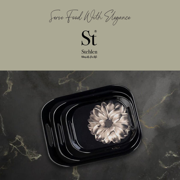Stehlen 100% Pure melamine Era Tray, Dishwasher safe, Heat resistant upto 140 degrees, Break resistant, FDA Approved, Elegant, Durable, and Versatile for Every Occasion - Set of 3  BLOSSOM