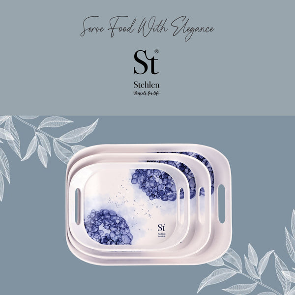 Stehlen 100% Pure melamine Era Tray, Dishwasher safe, Heat resistant upto 140 degrees, Break resistant, FDA Approved, Elegant, Durable, and Versatile for Every Occasion - Set of 3 BUBBLE BLUE