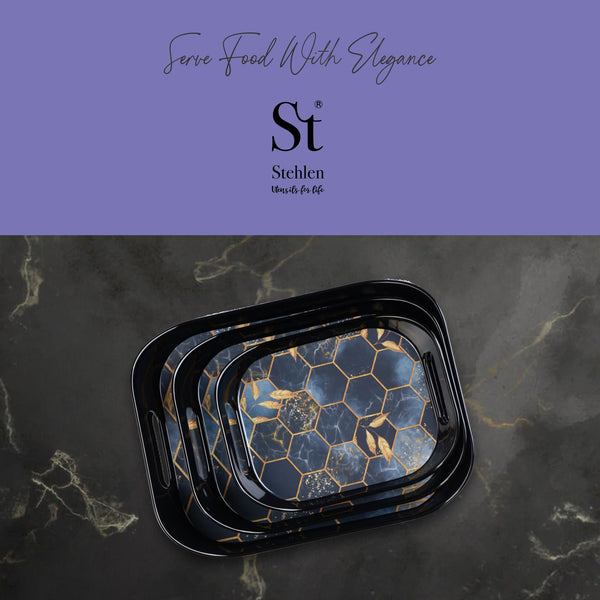 Stehlen 100% Pure melamine Era Tray, Dishwasher safe, Heat resistant upto 140 degrees, Break resistant, FDA Approved, Elegant, Durable, and Versatile for Every Occasion - Set of 3 HONEY COMB