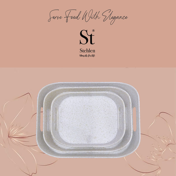 Stehlen 100% Pure melamine Era Tray, Dishwasher safe, Heat resistant upto 140 degrees, Break resistant, FDA Approved, Elegant, Durable, and Versatile for Every Occasion - Set of 3 PEARL WHITE
