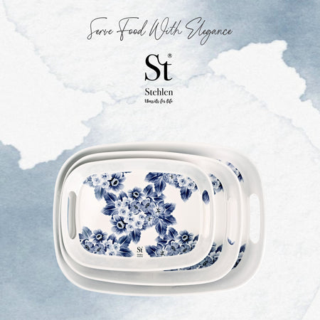 Stehlen 100% Pure melamine Handy Tray, Dishwasher safe, Heat resistant upto 140 degrees, Break resistant, FDA Approved, Elegant, Durable, and Versatile for Every Occasion - Set of 3 Blue Orchid