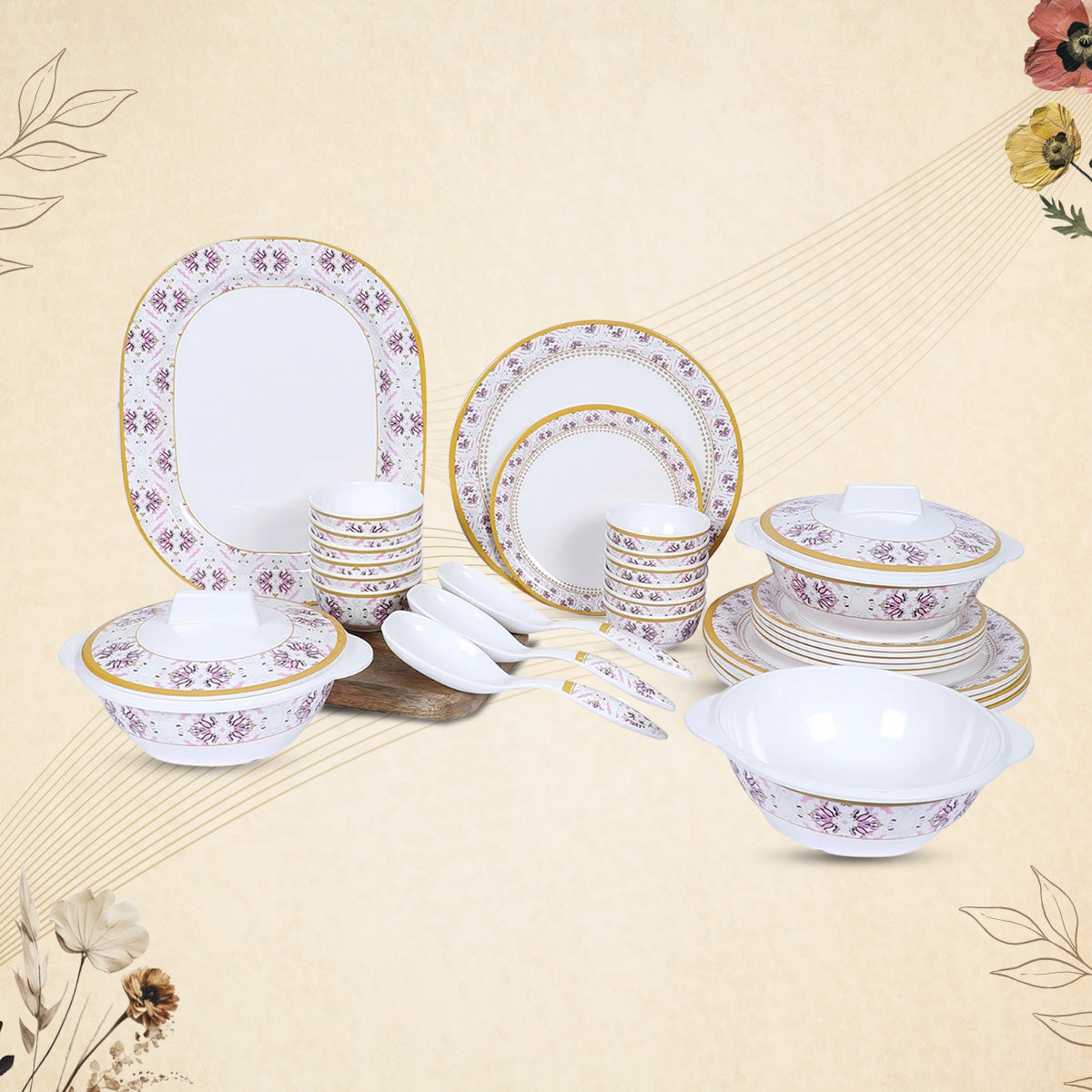 Stehlen Indian Round Dinnerware, Pure melamine, 33 PC Kitchen Set for home- PINK PAISLEY