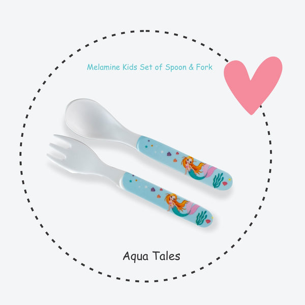 Stehlen Kids Spoon and Fork Set for Toodlers, Dinnerware Set, 100% Melamine, Dancing Dino Spoon and Fork Set, Feeding Tableware Set for Kids, Dinner Set for Toodlers, FDA Approved, BPA Free-Aqua Tale