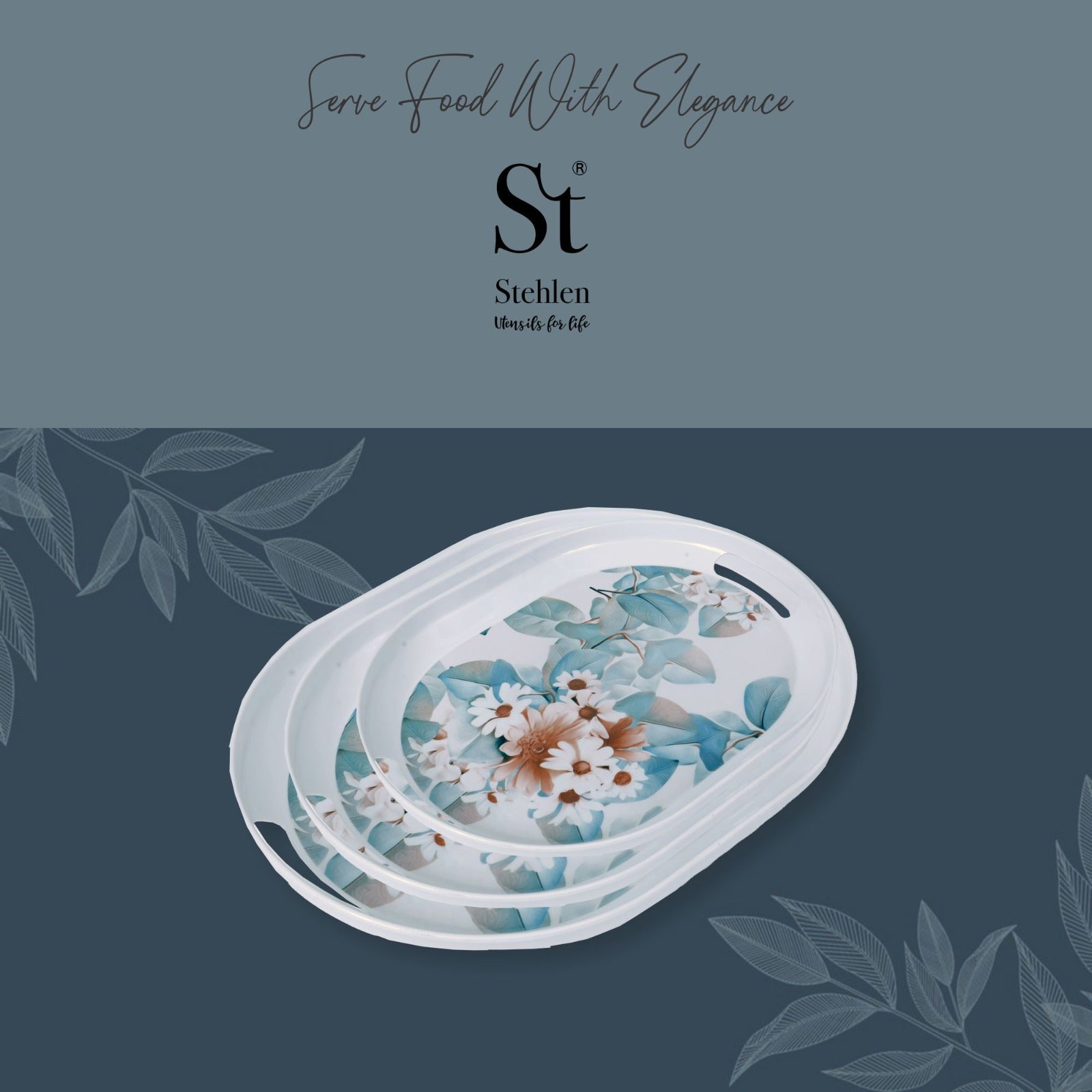 Stehlen 100% Pure melamine Slant Tray, Dishwasher safe, Heat resistant upto 140 degrees, Break resistant, FDA Approved, Elegant, Durable, and Versatile for Every Occasion - Daisy Set of 3