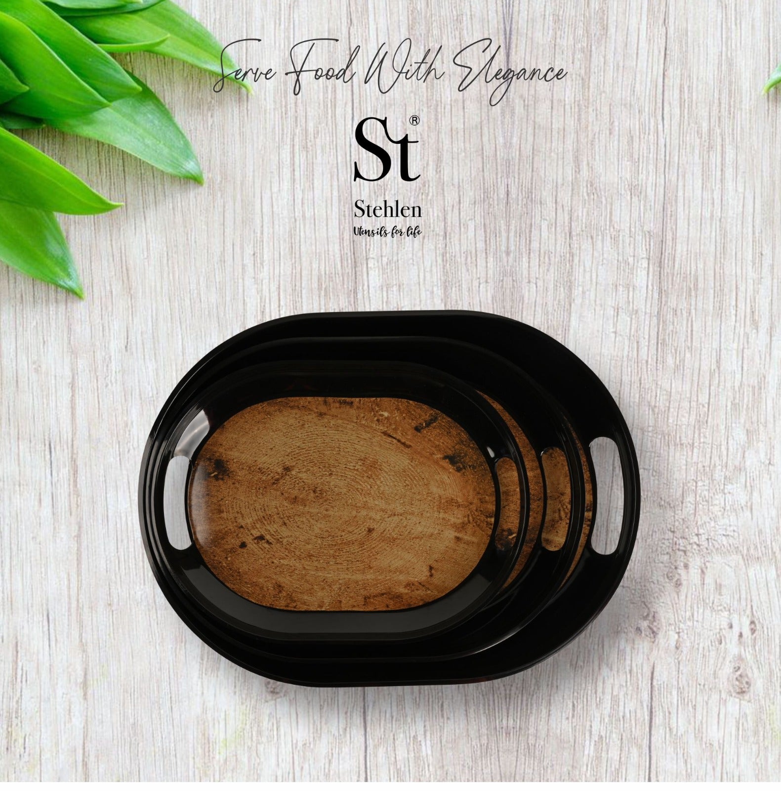 Stehlen 100% Pure melamine Slant Tray, Dishwasher safe, Heat resistant upto 140 degrees, Break resistant, FDA Approved, Elegant, Durable, and Versatile for Every Occasion - Walnut Set of 3
