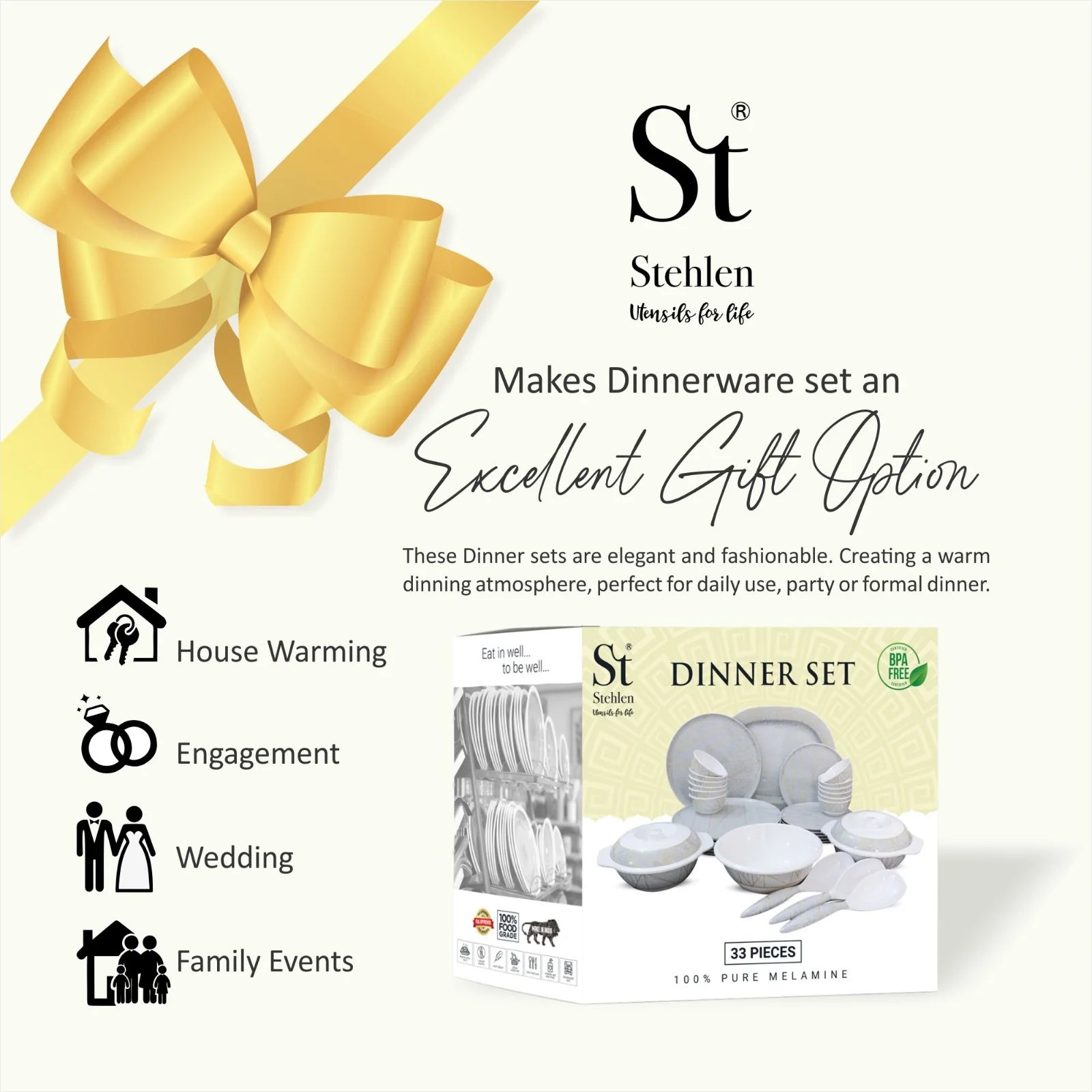 Stehlen Donna Glossy Dinnerware, Melamine, 33 Piece- Gray Crackle