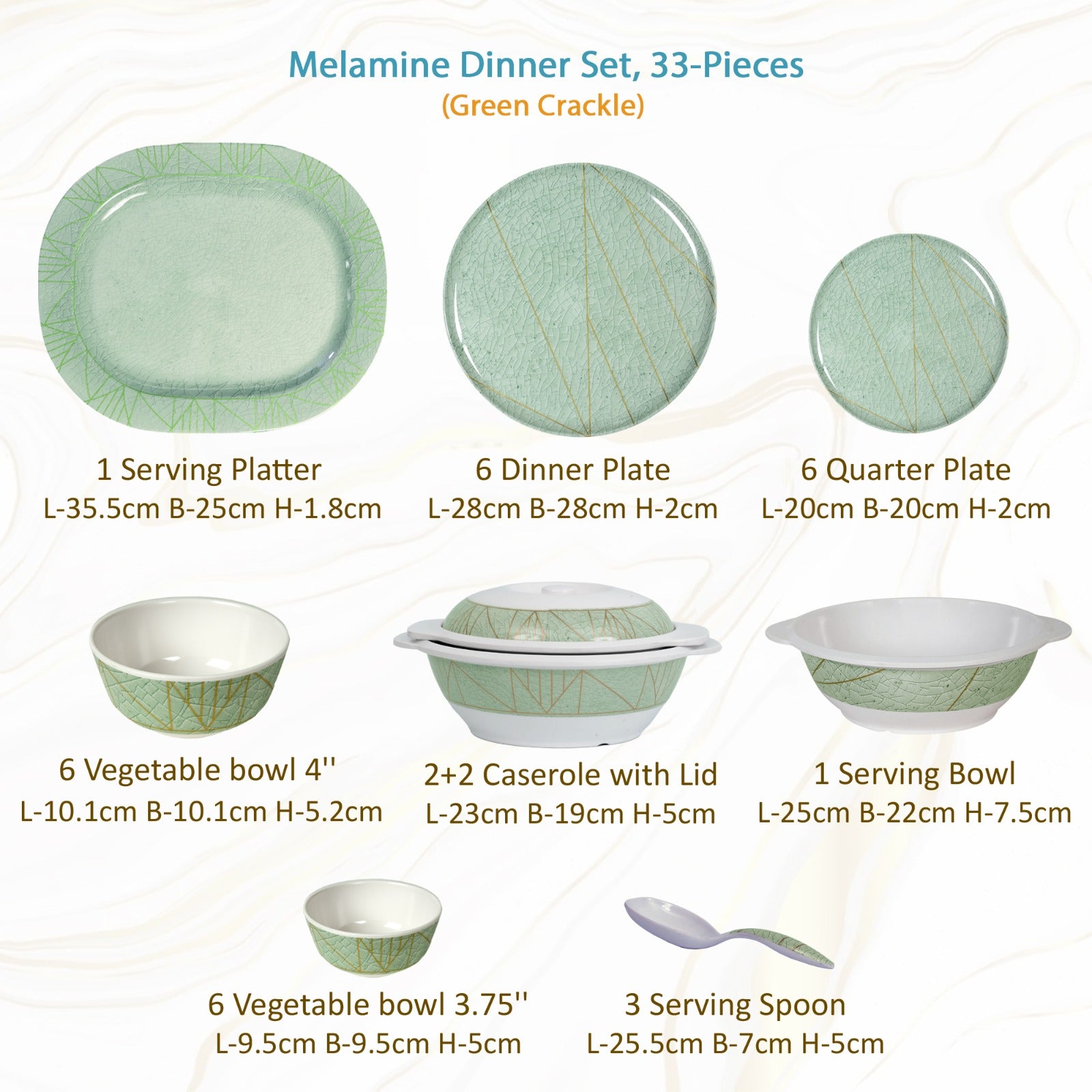 Stehlen Donna Glossy Dinnerware, Melamine, 33 Piece - Green Crackle