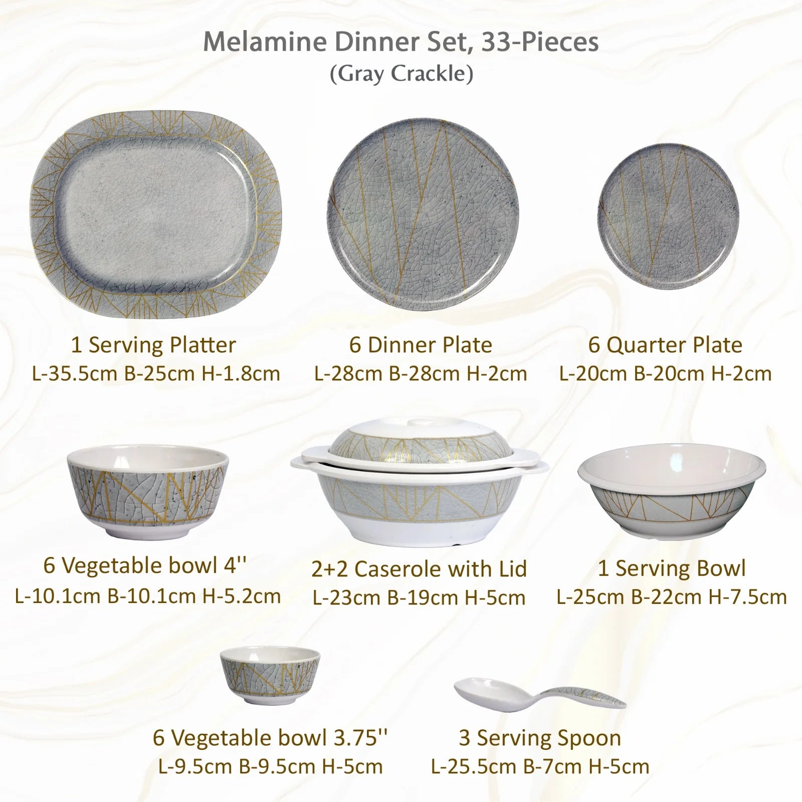 Stehlen Donna Glossy Dinnerware, Melamine, 33 Piece- Gray Crackle