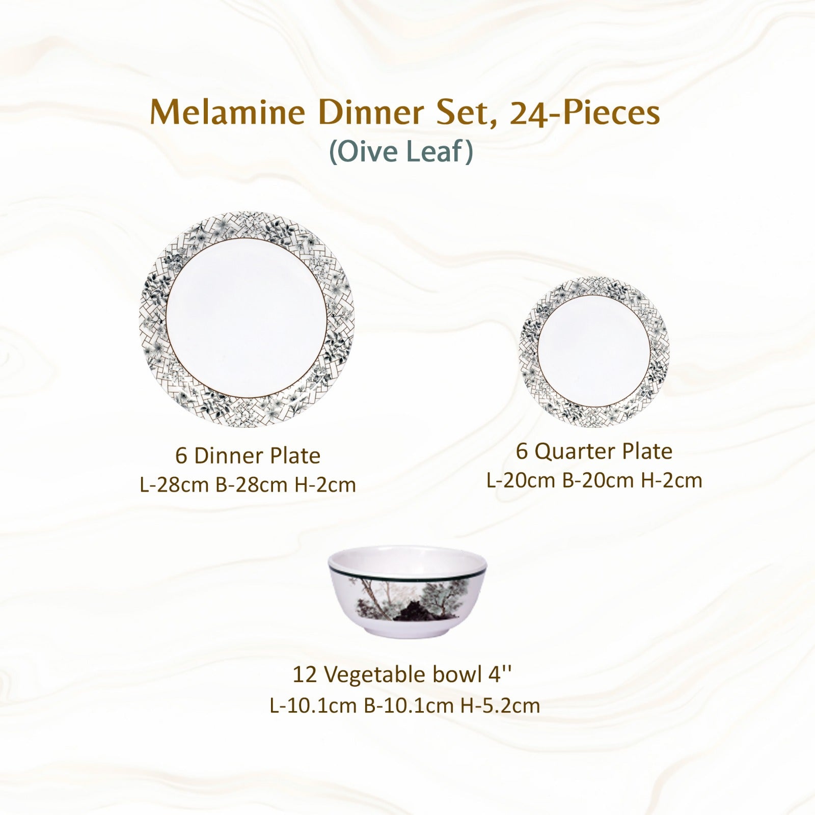 Stehlen Indian Round Dinnerware, Pure melamine, 24 PC Kitchen Set for home- Olive leaf