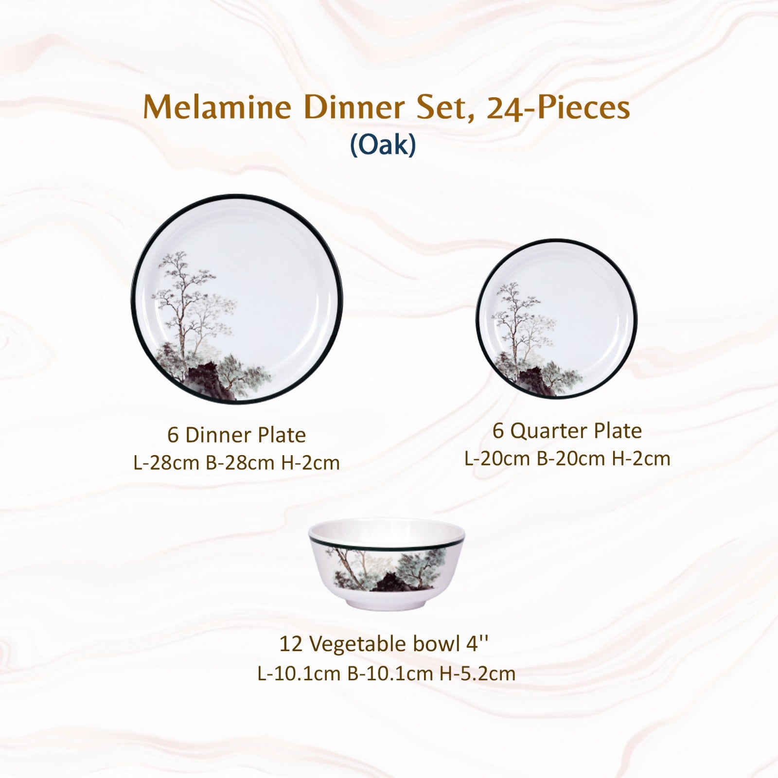 Stehlen Indian Round Dinnerware, Pure melamine, 24 PC Kitchen Set for home- Oak