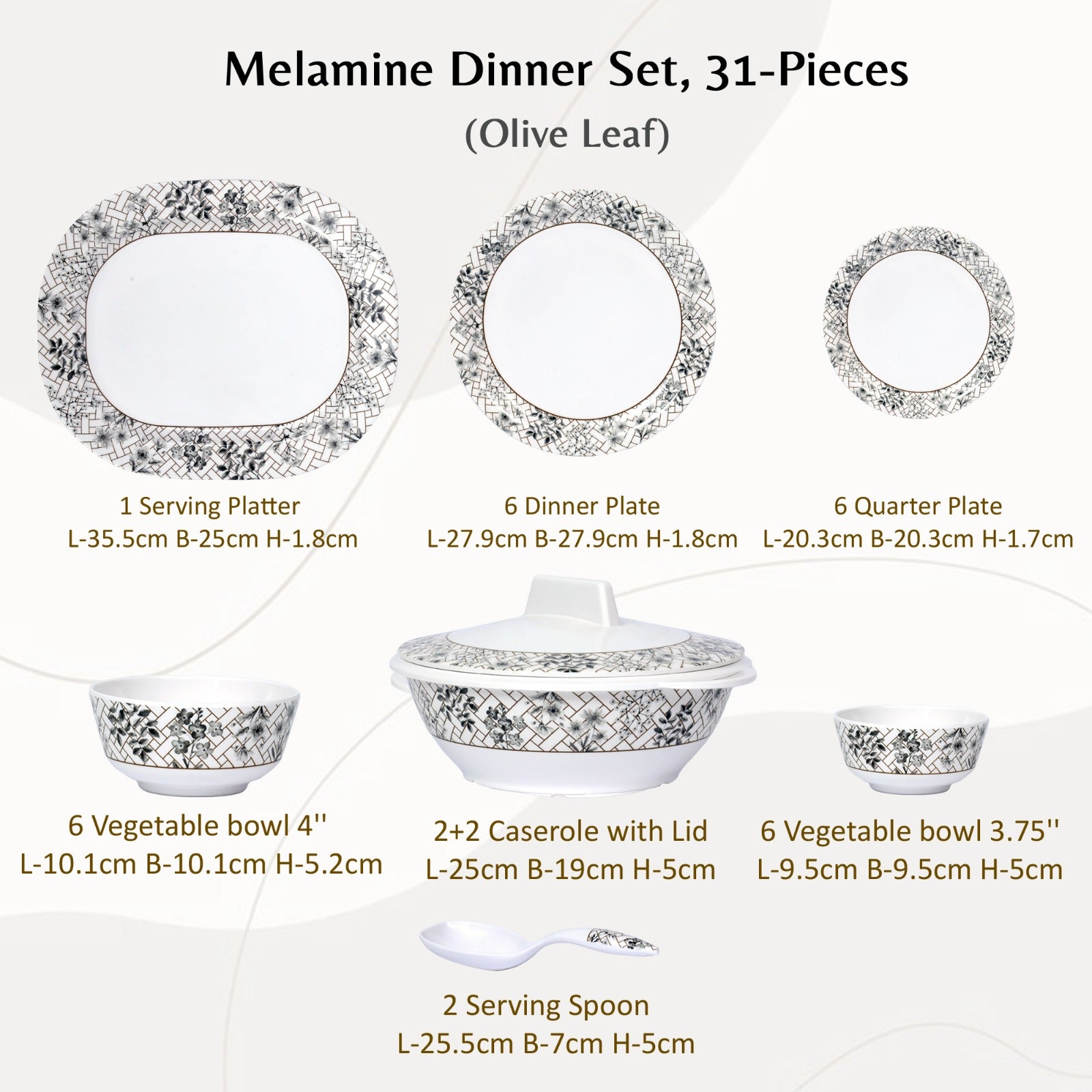 Stehlen Indian Round Dinnerware, Pure melamine, 31 PC Kitchen Set for home- Olive Leaf