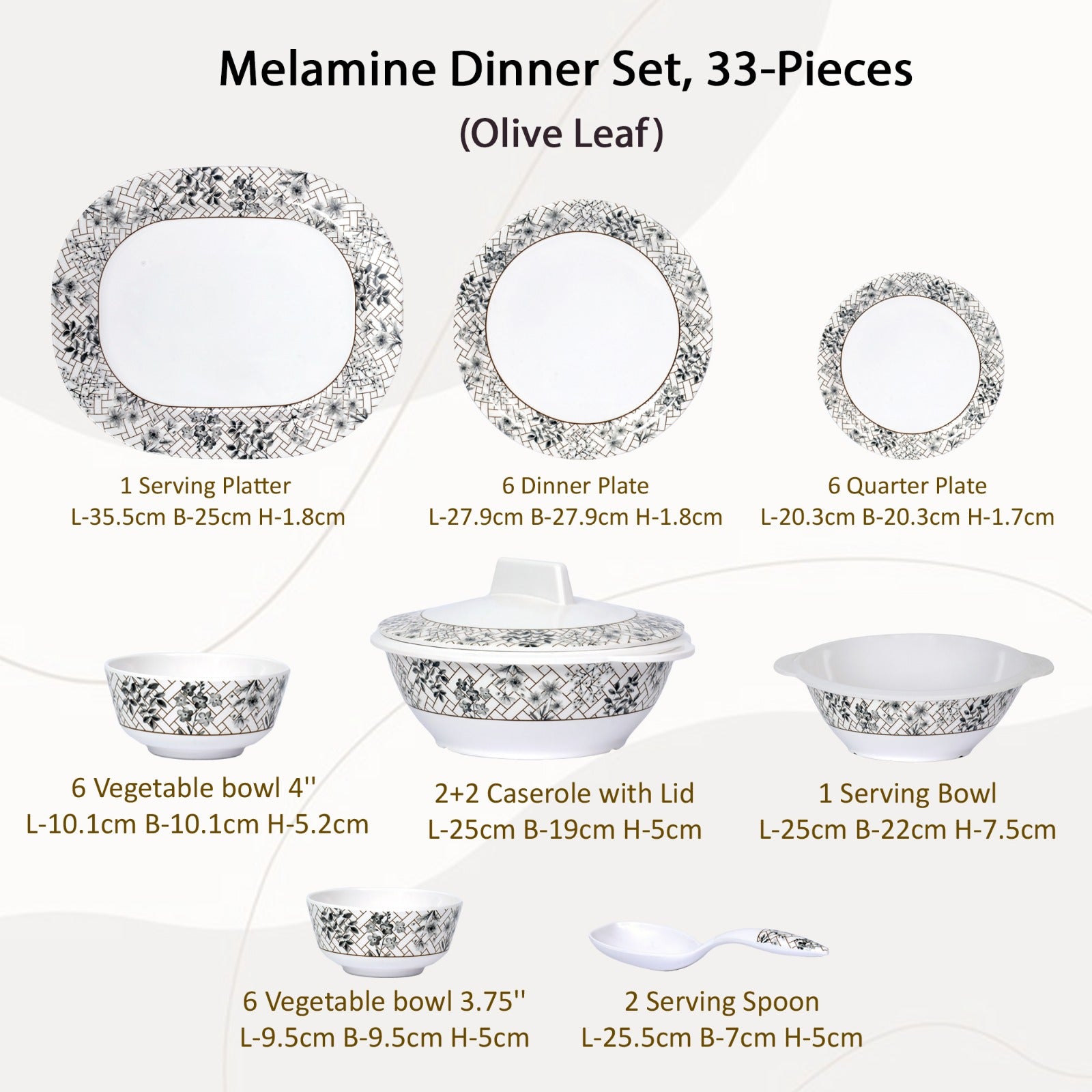 Stehlen Indian Round Dinnerware, Pure melamine, 33 PC Kitchen Set for home- Olive Leaf