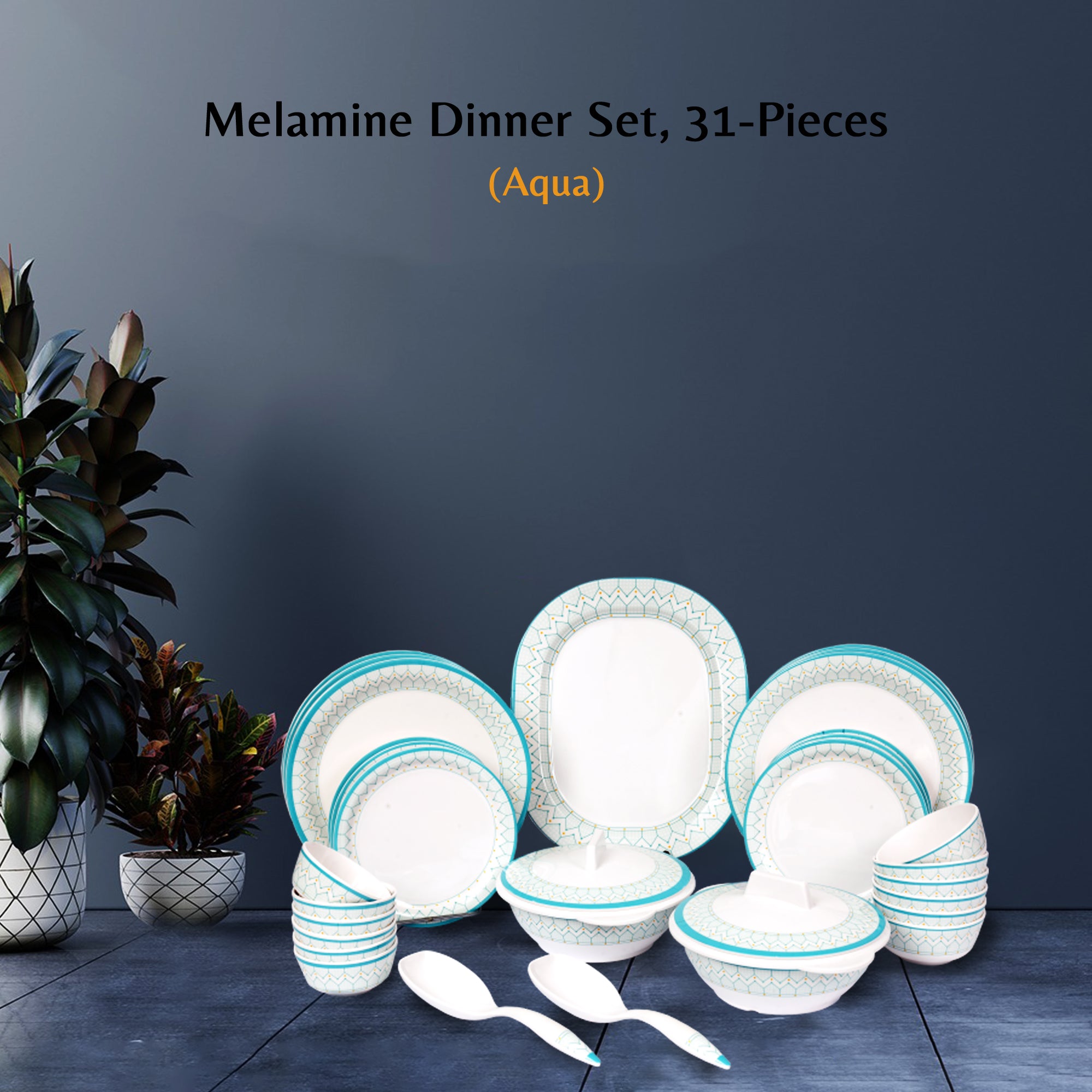 Stehlen Indian Round Dinnerware, Pure melamine, 31 PC Kitchen Set for home- Aqua