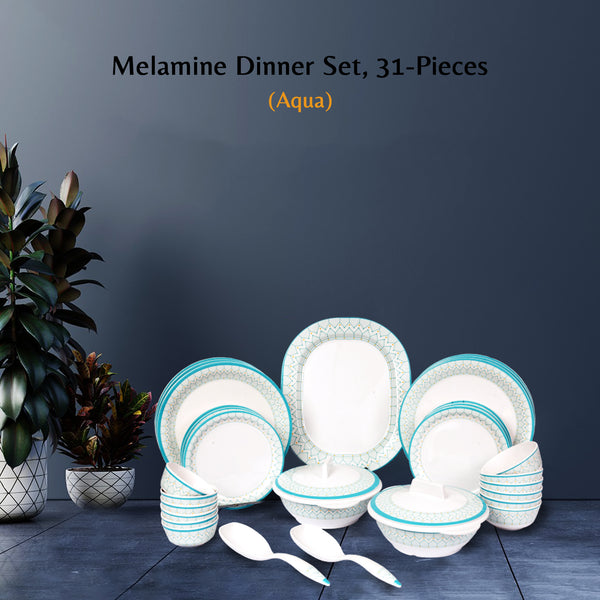 Stehlen Indian Round Dinnerware, Pure melamine, 31 PC(6 Dinner Plate, 6 Quarter Plate,  6  PC 3.75 " Vegetable Bowl, 6 PC 4 " Vegetable Bowl, 2+2 Casserole, 1 Serving Spoon, 1 Platter), Melamine dinner set, Kitchen Set for home-  Aqua