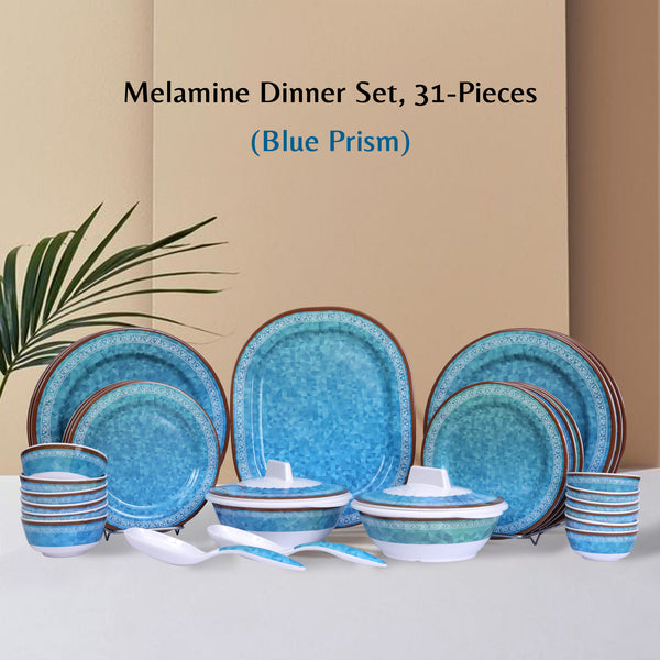 Stehlen Dinnerware, Pure melamine, Vintage, 31 Piece (6 Dinner Plate, 6 Quarter Plate,  6  piece 3.75'' Vegetable Bowl, 6 piece 4" Vegetable Bowl, 2+2 Casserole, 2 Serving Spoon, 1 Platter), Melamine dinner set, Kitchen Set for home- Prism Blue