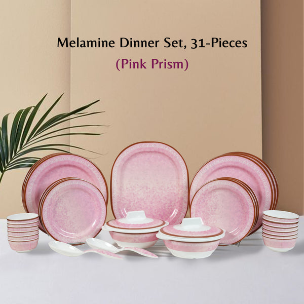 Stehlen Dinnerware, Pure melamine, Vintage, 31 Piece (6 Dinner Plate, 6 Quarter Plate,  6  piece 3.75'' Vegetable Bowl, 6 piece 4" Vegetable Bowl, 2+2 Casserole, 2 Serving Spoon, 1 Platter), Melamine dinner set, Kitchen Set for home- Prism Pink