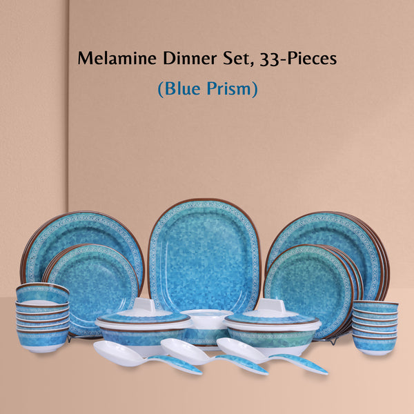 Stehlen Dinnerware, Pure melamine, Vintage, 33 Piece(6 Dinner Plate, 6 Quarter Plate, 6 Small Vegetable Bowl, 6 Medium Vegetable Bowl, 2+2 Casserole, 2 Serving Spoon, 1 Platter, 1 Bowl), Melamine dinner set, Kitchen Set for home- Prism Blue