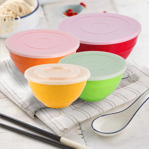 Stehlen 100% Pure melamine 4 piece Hammer Bowl with Lid, Dishwasher safe, FDA Approved, Heat resistant upto 140 degrees, Elegant, Durable, and Versatile for Every Occasion - Assorted
