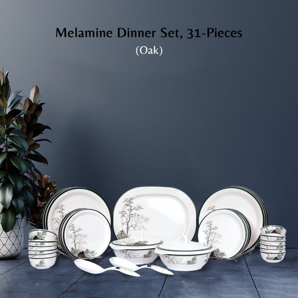 Stehlen Indian Round Dinnerware, Pure melamine, 31 PC(6 Dinner Plate, 6 Quarter Plate,  6  PC 3.75 " Vegetable Bowl, 6 PC 4 " Vegetable Bowl, 2+2 Casserole, 1 Serving Spoon, 1 Platter), Melamine dinner set, Kitchen Set for home-  Oak