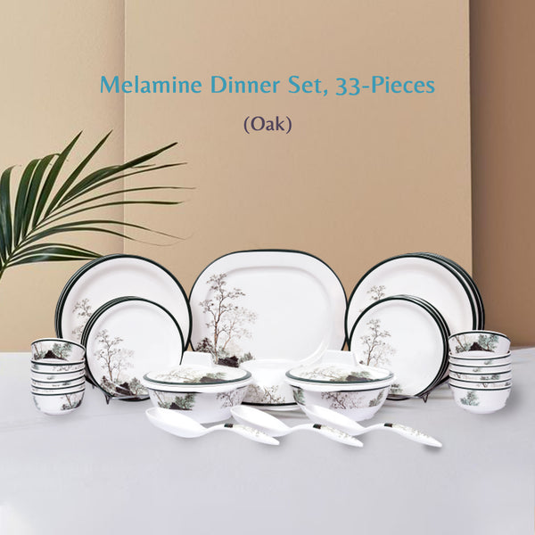 Stehlen Indian Round Dinnerware, Pure melamine, 33 PC (6 Dinner Plate, 6 Quarter Plate,  6  PC 3.75 " Vegetable Bowl, 6 PC 4 " Vegetable Bowl, 2+2 Casserole, 3 Spoon, 1 Platter, 1 Bowl), Melamine dinner set, Kitchen Set for home- Oak