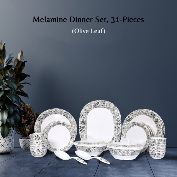 Stehlen Indian Round Dinnerware, Pure melamine, 31 PC(6 Dinner Plate, 6 Quarter Plate,  6  PC 3.75 " Vegetable Bowl, 6 PC 4 " Vegetable Bowl, 2+2 Casserole, 1 Serving Spoon, 1 Platter), Melamine dinner set, Kitchen Set for home-  Olive Leaf