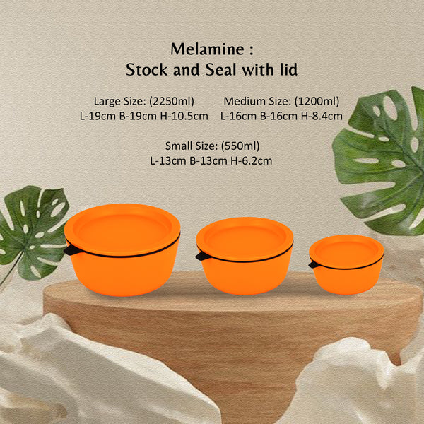 Stehlen 100% Pure melamine Set Of 3 Stock and Seal, Dishwasher safe, FDA Approved, Heat resistant upto 140 degrees, Elegant, Durable, and Versatile for Every Occasion - Orange